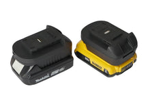 Load image into Gallery viewer, Two battery adapters, one black and one yellow, with 'MAKITZ' branding on them, designed to convert Makita power tool batteries for use with a FlowZone sprayer.