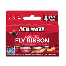 Load image into Gallery viewer, Catchmaster Scented Fly Ribbon 4-pack featuring four small red canisters that unroll into long, sticky adhesive strips. The packaging shows a red-and-white 'STOP' sign logo and includes a thumbtack for hanging the ribbons.