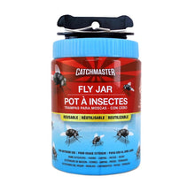 Load image into Gallery viewer, A Catchmaster Fly Jar which is a reusable fly trap container with a red label, black lid, and clear body showing the product name and images of flies.