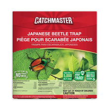 Load image into Gallery viewer, Catchmaster Japanese Beetle Trap kit featuring a yellow plastic vane top with a protective rain lid and a hanging green-and-yellow hourglass-shaped collection bag.