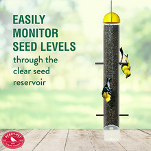 Load image into Gallery viewer, CHS Woodstream Perky-Pet Upside Down Thistle Feeder - 2 lb Seed Capacity 399-6 Feeding stations designed for upside down feeding Easily monitor seed levels through the clear plastic seed tube Six ports with perches allow multiple birds to dine at once Bright yellow accents attract goldfinches to the feeder Holds up to 2 lb of thistle