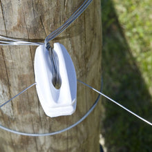 Load image into Gallery viewer, CHS Zareba White High Strain Corner Post Insulator  Fastens electrified wire to round or square post fence without losing energy through the post Formed of thick, tough plastic Can withstand the strain of wire at corner of electrified fence For 9-22 gauge high-tensile steel wire, aluminum wire, all polywire (regular and heavy duty), and polyrope up to 1/4-inch in diameter 10 insulators per bag (ICJW-Z)