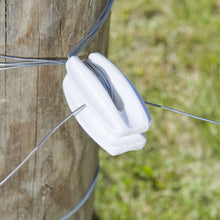 Load image into Gallery viewer, CHS Zareba White High Strain Corner Post Insulator  Fastens electrified wire to round or square post fence without losing energy through the post Formed of thick, tough plastic Can withstand the strain of wire at corner of electrified fence For 9-22 gauge high-tensile steel wire, aluminum wire, all polywire (regular and heavy duty), and polyrope up to 1/4-inch in diameter 10 insulators per bag (ICJW-Z)