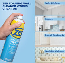 Load image into Gallery viewer, ZEP foaming wall cleaner with a hand holding it, and images of cleaned surfaces like cabinets, doors, baseboards, and wallpaper.

