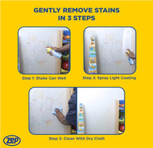 Load image into Gallery viewer, Instructions for removing stains with Zep on a yellow background
