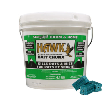 CHS Hawk Bait Chunx 4.1kg (Commercial) unsurpassed control, Kill Rats And Mice In A Single Feeding With Its Powerful Anticoagulant Bromadiolone even effective against Warfarin-Resistant Super Rats