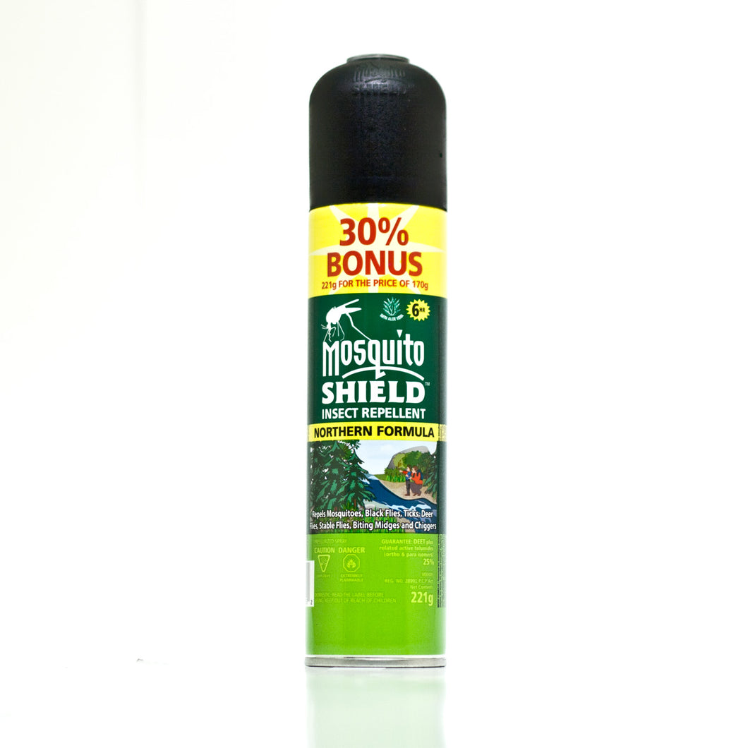 CHS Mosquito Shield Insect Repellent- Northern Formula 220g Patented cap comes with a fully functional compass and whistle, as well as a carabiner hole for transportation.  Convenient 360° all angle spray.  Active Ingredient: DEET 25%