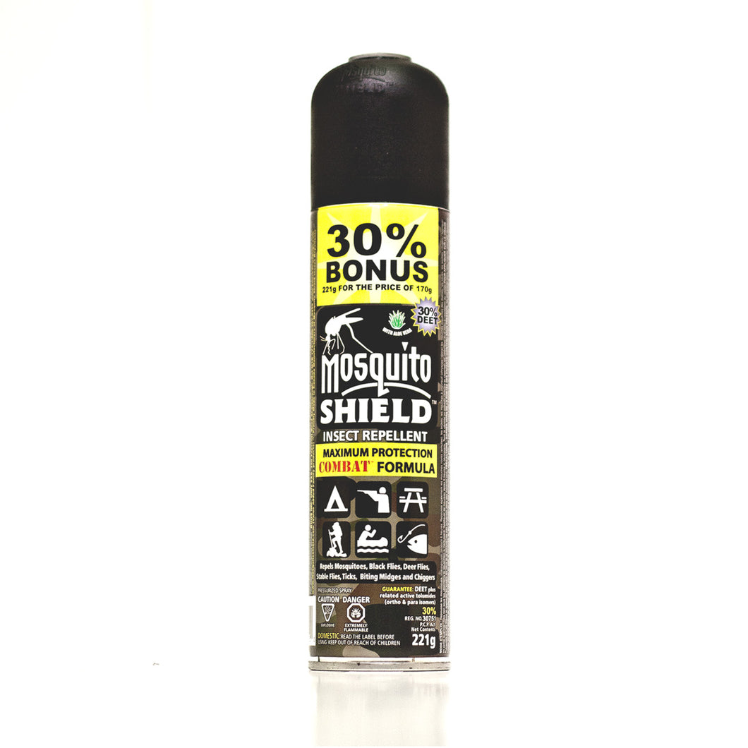 CHS Mosquito Shield Combat Formula Insect Repellent 220g for the extreme outdoor man looking for maximum protection and durability. Which makes it an essential addition for extreme adventurers and outward bounders.  8 hours protection Repels mosquitoes, black flies, deer flies, stable flies, ticks, bitting midges and chiggers Handy 360° all angle spray. Active Ingredient: DEET 30%