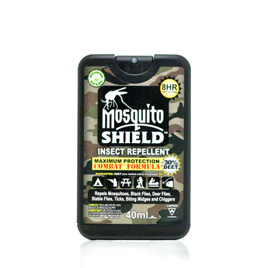 CHS Mosquito Shield 8hr Combat Formula Pocket Size 40ml Pump Spray for the extreme outdoors man looking for maximum protection and durability.Which makes it an essential addition for extreme adventurers and outward bounders.  Active Ingredient: DEET 30%, the maximum allowable by Health Canada
