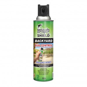 CHS Mosquito Shield Backyard Bug Control Fogger 350g can be used outdoors, kills flies, mosquitoes, black flies, gnats, moths, hornets, and wasps.  Active Ingredient: Pyrethrin 0.2% P.B.O 1%