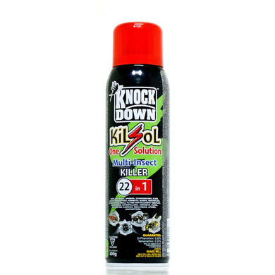 CHS KD Kilsol Multi Insect Killer 400g BOV Aerosol 12/cs Kills: Ants, Bed bugs, Spiders, Cockroaches, Flies, Gnats, Mosquitoes, Hornets, Wasps, Whiteflies, Spider mites, Small flying moths, Carpet beetles, Centipedes, Caterpillars, Crickets, Fleas, Silverfish, Earwigs, Mealybugs, Aphids, Leafhoppers.  Active Ingredient: D-Phenothrin 0.2% Tetramethrin 0.2%
