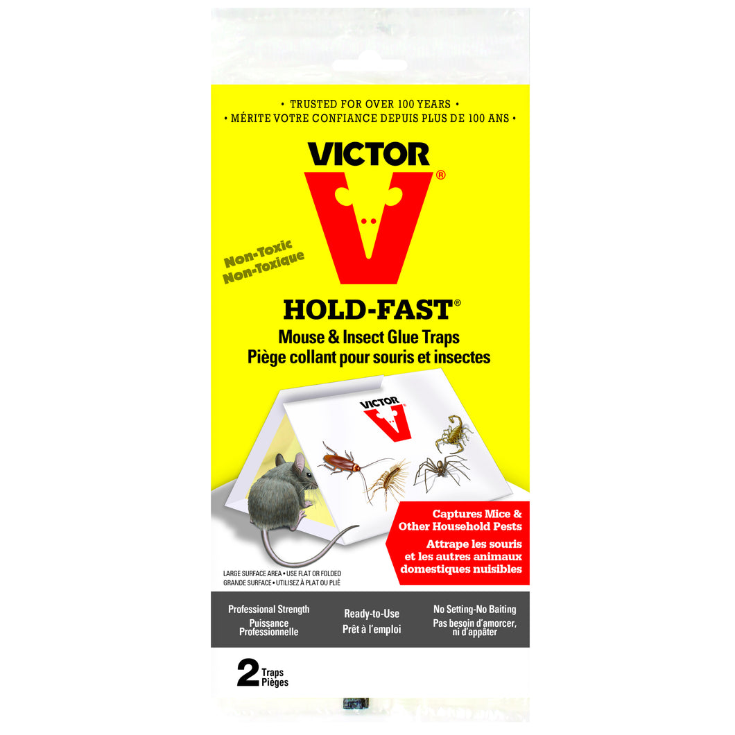 CHS Victor Mouse Glue Board 2-Pack highly effective mouse control device designed to trap and hold mice and insects on contact, Victor proprietary glue formula Glue surface catches mice and insects and holds them securely No setting or baiting required Lock tab tent hides pests from view