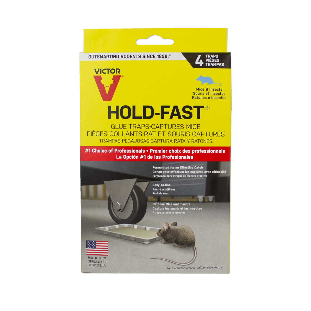 CHS Victor® Hold-Fast Mouse Glue Tray 4-pk Victor Proprietary glue formula Long-lasting glue tray traps mice and crawling insects, and holds them securely No setting or baiting required – just place and catch! Disposable