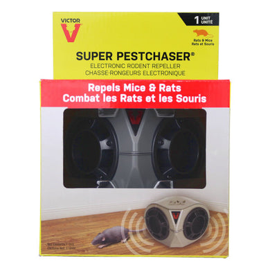 CHS Victor Super PestChaser Electronic Rodent Repeller emits high frequency sound waves that effectively repel rodents from protected areas, ideal for use in larger rooms, such as kitchens, garages, attics and basements.
