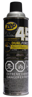 CHS Zep 45 Dual Force (14 oz) features anti-wear and rust preventative technology to create the ultimate multi-purpose lubricant and penetrant with PTFE Zep 45 Dual Force allows for a fine mist spray pattern for broad applications and a straw for pinpoint streaming for narrow areas