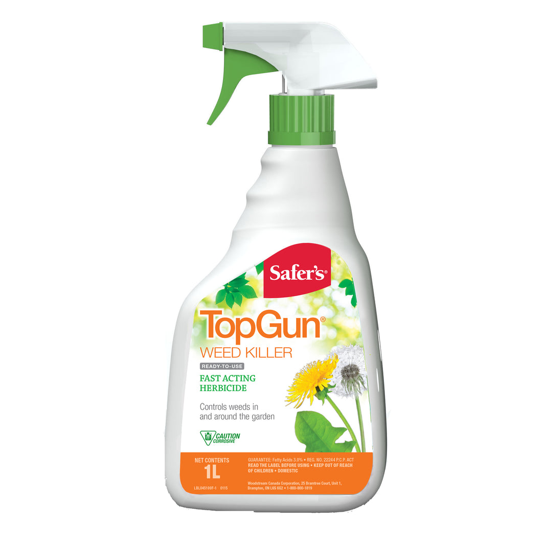 CHS Safer’s Topgun Weed Killer 1 L RTU ready to use spray bottle, fast acting, non-selective herbicide for use around buildings, fences, gravel, bark mulch and trees; on patios, sidewalks, driveways, and prior to planting grass, shrubs, flowers and vegetables, leaves no residue