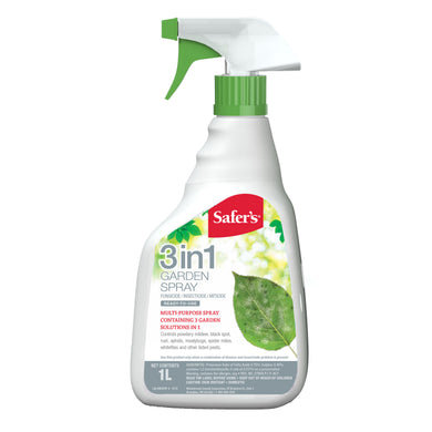 CHS Safer's 3 in 1 Spray (Insecticide, Miticide & Fungicide)  1L, used to combat fungus, insects and mites.   Controls powdery mildew, black spot, rust, aphids, mealybugs, spider mites, whiteflies and other listed pests