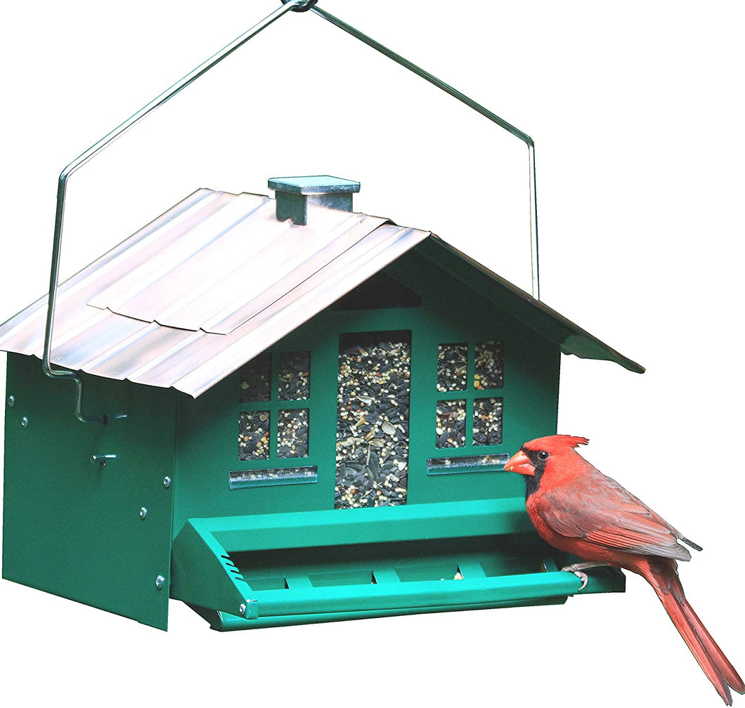 CHS Woodstream Perky Pet SQUIRREL-BE-GONE Home Style Feeder 339 Green Weight-activated seed protection covers ports under a squirrel’s weight Tough all-metal construction with removable roof for easy filling Can be hung or pole mounted for ideal placement Holds up to 8 lbs of seed