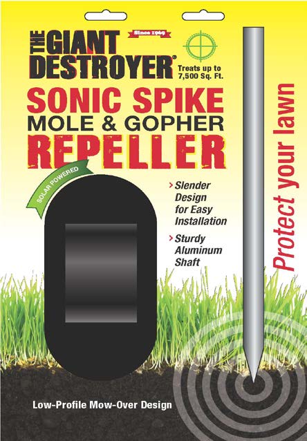 CHS THE GIANT DESTROYER Sonic Mole & Gopher Solar Spike Slender design for easy installation Sturdy aluminum shaft Low profile mow-over design Protect your lawn 7500 SQ Feet Coverage Effectively repels moles, gophers and other burrowing rodents.