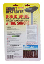 Load image into Gallery viewer, CHS THE GIANT DESTROYER Sonic Mole &amp; Gopher Solar Spike Slender design for easy installation Sturdy aluminum shaft Low profile mow-over design Protect your lawn 7500 SQ Feet Coverage Effectively repels moles, gophers and other burrowing rodents.
