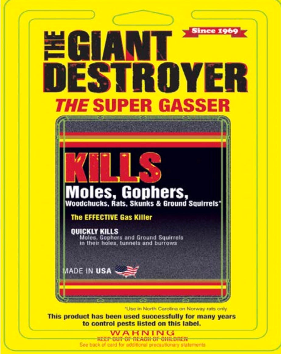 CHS Giant Destroyer 4/pk The Effective Gas Killer QUICKLY KILLS Rats, Moles, Gophers, and Ground Squirrels in their holes, tunnels, and burrows. Guarantee sulfur 34.8% Fumes may be harmful if inhaled