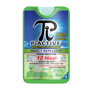 CHS New Piactive Original 40ml Wallet Size 100% Deet Free Repels, effective, durable! Complies with CATSA regulations Will not damage fishing lines, plastic or other synthetic materials. Non-scented Formula No-irritating skin effects* Skin friendly Good skin compatibility Dermatologically tested* Non oily, greasy, or sticky Provides long lasting protection; – 10 hrs of protection against black flies. – 12 hrs of protection against mosquitoes and Ticks*