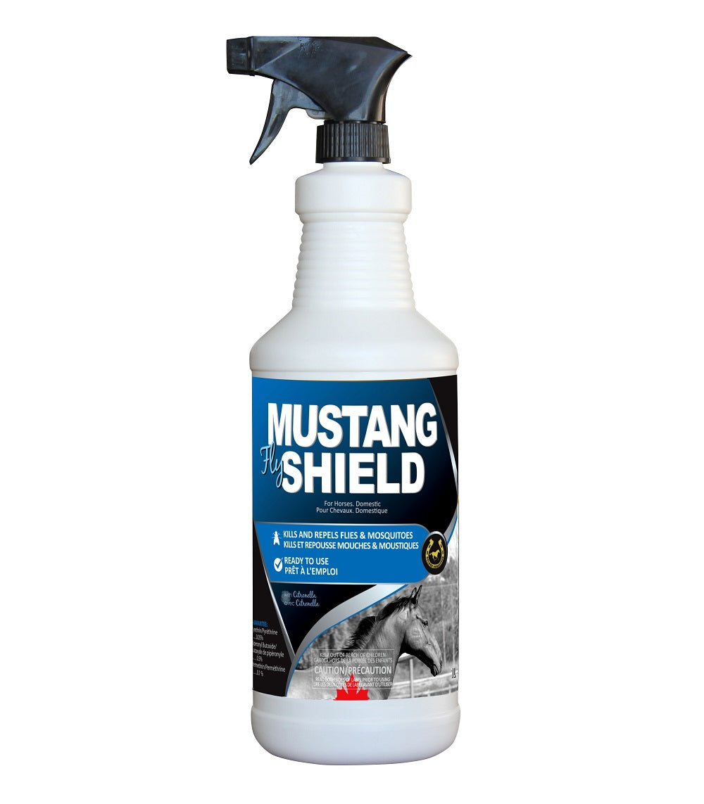 CHS Mustang Fly Shield Horse Insect Repellent 1L with Spray Head broad spectrum fly spray that contains 0.05% pyrethin, 0.5% piperonyl butoxide and 0.10% permethrin with the citronella fragrance repels Stables flies, horse flies, deer flies, house flies, horn flies, mosquitoes, biting midges, fleas, chiggers, and lice water based, ready to use fly spray