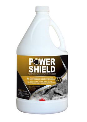 CHS Power Shield Horse Insect Repellent 1 Gallon, Kills and repels Stables flies, horse flies, deer flies, house flies, horn flies, mosquitoes, biting midges, fleas, chiggers, and lice. LONG LASTING PROTECTION Repels multiple species for 3 to 5 days using only 1 spray application on the first day, sufficiently coating the hair, contains 0.10% pyrethin, 1.0% piperonyl butoxide and 0.5% permethrin. and features the natural properties of citronella, aloe vera and lanolin oil