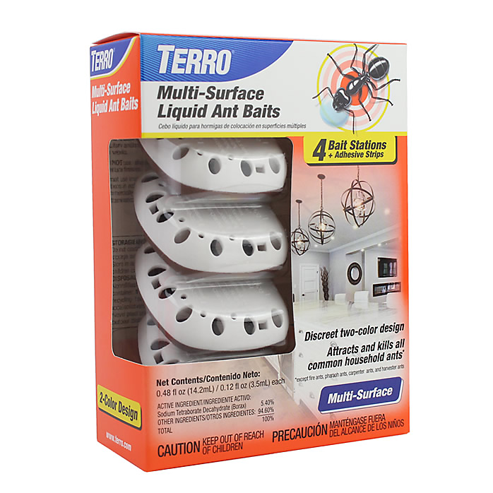 CHS Terro Multi-Surface Liquid Ant Baits – 4 Discreet Bait Stations Attract and kill household ants you see and the ants you don’t Discreet, two-color design blends in with your décor Adhesive strips attach ant baits to walls or under cabinets Worker ants deliver a lethal dose to the rest of the colony