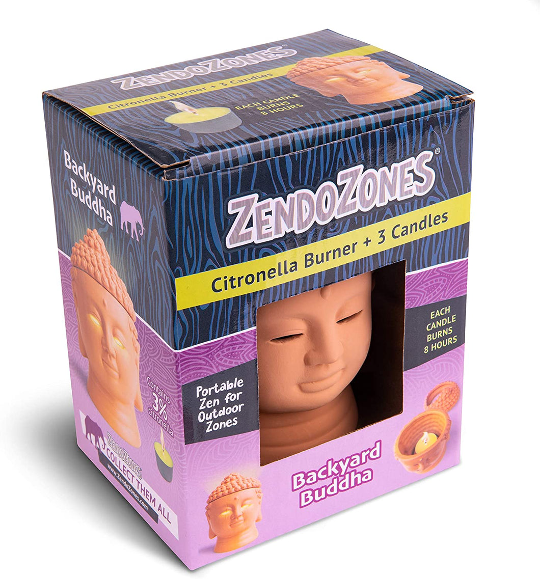 CHS ZendoZones Backyard Buddha Citronella Burner and 3 Candles All-natural Citronella Candle burns for up to 8 hours Perfect for patios, decks, backyards, campsites, poolside, and more Portable burner figurine to help you find your Zen anytime and anywhere Place candle in burner, light candle, you are in the ZendoZone INCLUDES 3 Citronella Candles with 3% Citronella