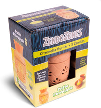 Load image into Gallery viewer, CHS ZendoZones Patio Pineapple with 3 Citronella Candles All-natural Citronella Candle burns for up to 8 hours Perfect for patios, decks, backyards, campsites, poolside, and more Portable burner figurine to help you find your Zen anytime and anywhere Place candle in burner, light candle, you are in the ZendoZone INCLUDES 3 Citronella Candles with 3% Citronella
