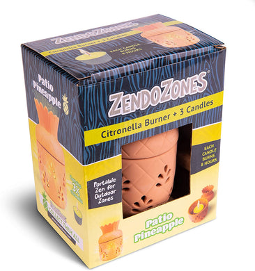 CHS ZendoZones Patio Pineapple with 3 Citronella Candles All-natural Citronella Candle burns for up to 8 hours Perfect for patios, decks, backyards, campsites, poolside, and more Portable burner figurine to help you find your Zen anytime and anywhere Place candle in burner, light candle, you are in the ZendoZone INCLUDES 3 Citronella Candles with 3% Citronella