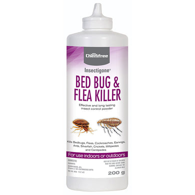 CHS Chemfree Insectigon Bed Bug & Flea Killer long lasting, powdered, chemical-free pest killer Odourless and non-staining powder is resistant to insects so they cannot build immunity Powder will not harm pets, fish, birds, or other wildlife