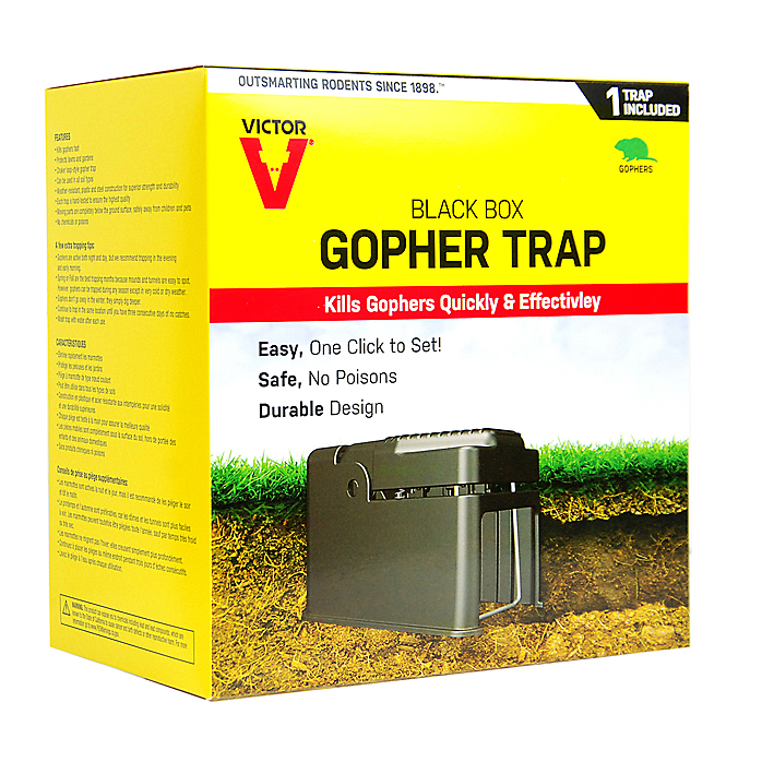 CHS Victor Black Box Gopher Trap, one-click set, easy-to-use choker loop-style trap that quickly and effectively eliminates gophers. Can be used in all types of soil