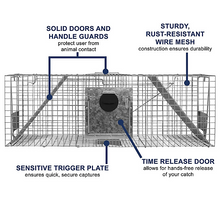 Load image into Gallery viewer, CHS Havahart 2-Door Raccoon Trap w/ Timed Release (998) easy to set and release Designed for safe, humane catch and release of bobcats, raccoons, opossums, small foxes and groundhogs
