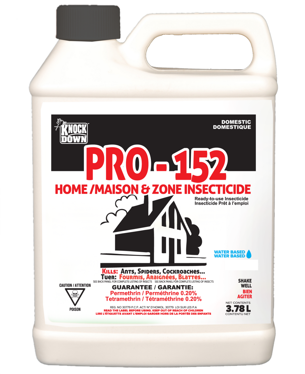 CHS KD Knock Down Pro-152 RTU (3.78L Gallon) ready-to-use Domestic Insecticide for both Indoors and outdoors on the surface of building, porches, patios and decks. Controls Ants, Carpet Beetles, Cockroaches, Crickets, Earwigs, fleas, Silverfish, Sowbugs, Spiders, Brown Dog Ticks, Flies and Mosquitoes