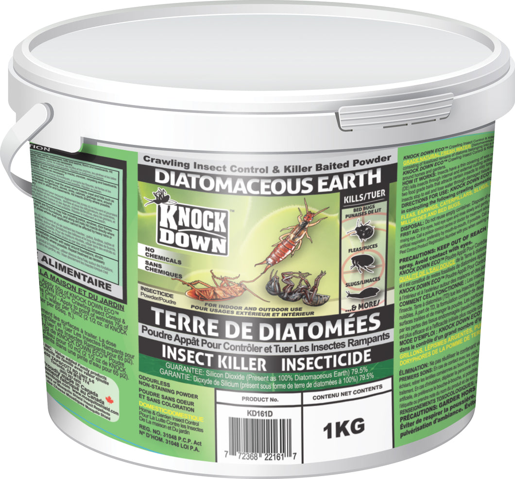 CHS KD Knock Down Diatomaceous Earth (1 kg) kills and controls the listed crawling insect pests indoors and outdoors around homes and gardens.  Eliminates: Ants, Crickets, Silverfish, Fleas, Earwigs, Caterpillars, Slugs, Sowbugs, Cockroaches, Potato beetles, Centipedes, Millipedes, Bed bugs. kills through dehydration 