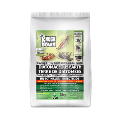 CHS KD Knock Down Diatomaceous Earth (3 kg) resealable bag kills and controls the listed crawling insect pests indoors and outdoors around homes and gardens.  Eliminates: Ants, Crickets, Silverfish, Fleas, Earwigs, Caterpillars, Slugs, Sowbugs, Cockroaches, Potato beetles, Centipedes, Millipedes, Bed bugs 