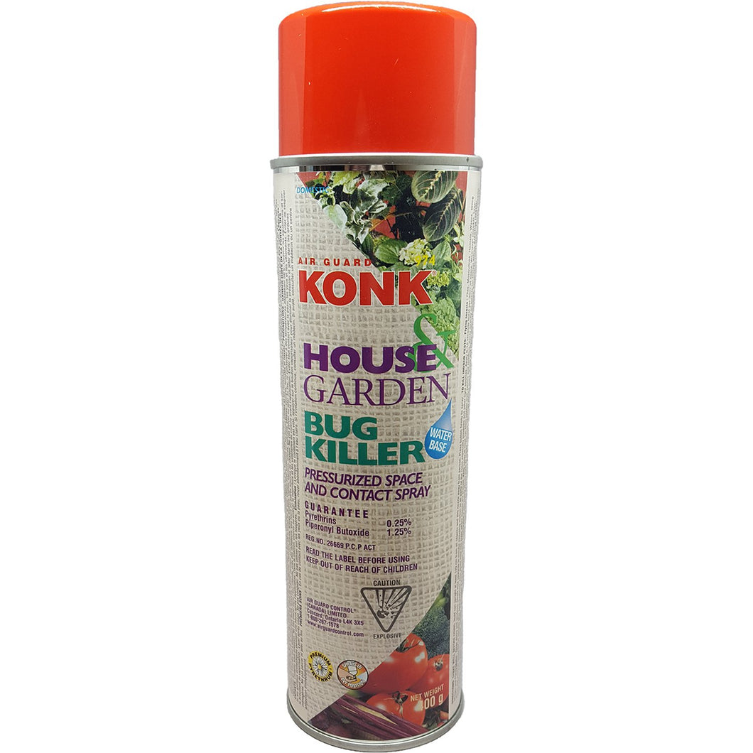 CHS Konk House & Garden Bug Killer 400g designed to kill crawling, flying, and garden insects. Its formula will not harm your house or garden plants. For use around carpets, draperies, no-wax floors, house plants, and garden plants