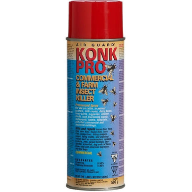 CHS Konk Pro Commercial & Farm 500g pressurized spray for use on cattle, in animal quarters, milk rooms, dairy barns, horse barns, piggeries, shelter sheds, food processing plants, restaurants, hotels, hospitals and other commercial and industrial buildings. commercial product