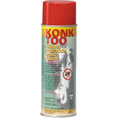 CHS Konk Too Farm & Livestock (500g) used to control stable flies, face flies, horn flies, horse flies, deer flies, mosquitos, wasps, flying moths, cockroaches, spiders, crickets, ants, carpet beetles, centipedes, silverfish, dog fleas, cat fleas, brown dog and American dog ticks, bed bugs, and knats Use in animal quarters, milk rooms, dairy barns, horse barns, pig barns, and shelter sheds Pyrethrins: 0.50%, Piperonyl Butoxide: 5.00%