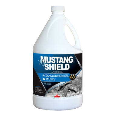 CHS Mustang Fly Shield Horse Insect Repellent 4L broad spectrum fly spray that contains 0.05% pyrethin, 0.5% piperonyl butoxide and 0.10% permethrin with the citronella fragrance repels Stables flies, horse flies, deer flies, house flies, horn flies, mosquitoes, biting midges, fleas, chiggers, and lice water based, ready to use fly spray
