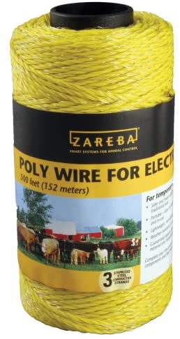 CHS Zareba 500 Feet Yellow Poly Wire Electric fence yellow Poly wire Standard-duty, 3 conductive wires More visible than traditional wire Easily tightened and repaired 500-foot roll; weighs only 3 lbs per 1, 000 feet