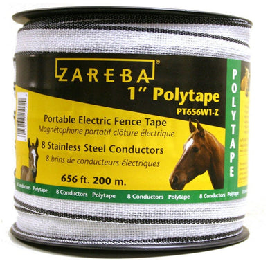 CHS Zareba White 1 Inch Polytape 1 inch wide Polytape 656-feet (200 meter) spool Contains 8 strands of electrical conductors Breaking load of 320-pound Note this is not designed to function under extreme tension and must be used in conjunction with a permanent fence (PT656W1-Z)