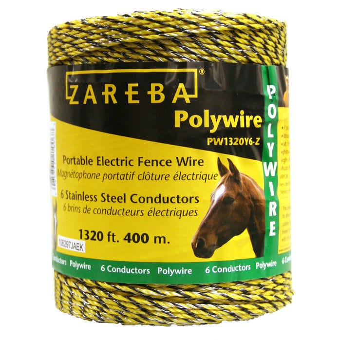 CHS Zareba Yellow 6 Conductor Polywire - 1320 Ft Contains 6 strands of electrical conductors Breaking load of 180-pound Lightweight and convenient - will not rust Note this is not designed to function under extreme tension and must be used in conjunction with a permanent fence (PW1320Y6-Z)