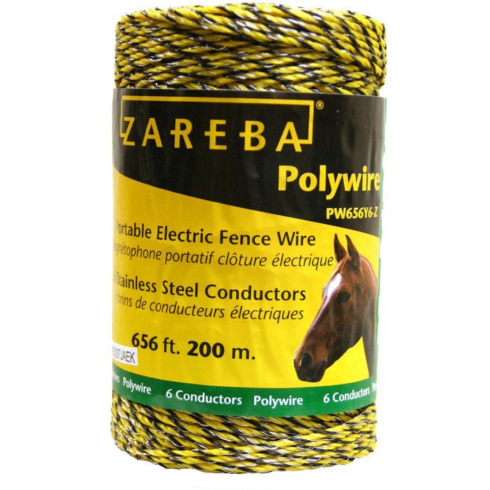CHS Zareba Yellow 6 Conductor Polywire - 656 Ft - 1-Pack Contains 6 stainless-steel strands of electrical conductors Easy to install, repair, splice, and rewind; can be re-used again and again Lightweight; won't rust; breaking load of 180 pounds Measures 200 meters (656 feet) long (PW656Y6-Z)