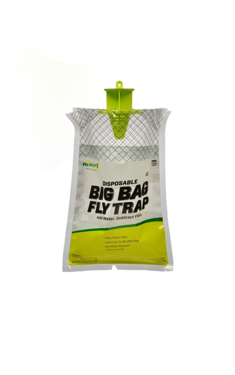CHS Rescue Disposable Big Bag Fly Trap (Large) contains a fast acting attractant that is activated by adding water to the bag, attractant is comprised of food and feed ingredients, and other food flavorings generally recognized as safe