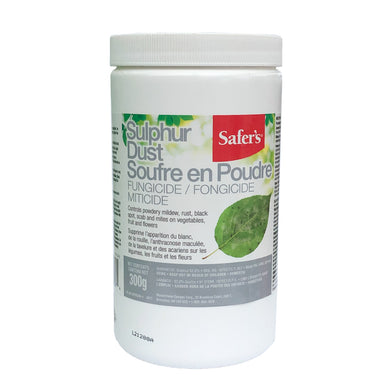 CHS Safer's Garden Sulphur Dust 300g (Product Discontinued)  controls powdery mildew, rust, black spot, scab, and mites on vegetables, fruit, and flowers, can be dusted directly on plants