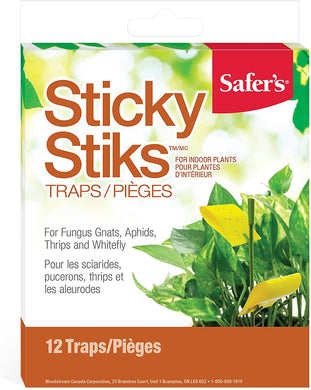 CHS Safer's Stricky Stiks Fungus Gnat Traps 12/Tray attracts and traps whiteflies, fungus gnats, blackflies, thrips, fruit flies, midges and other flying insects, no pesticide natural pest control