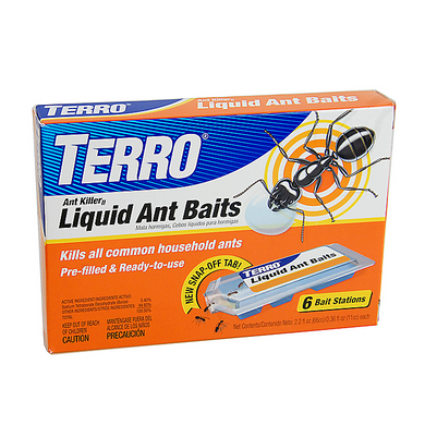 CHS Terro Indoor Liquid Ant Bait kills household ants Active Ingredient: SODIUM TETRABORATE DECAHYDRATE (BORAX) 5.40%